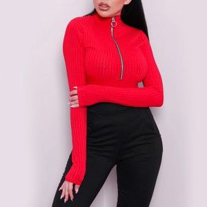 Red High-Necked Zip Up Bodysuit